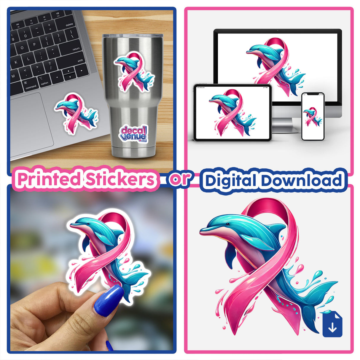 Collage of Pink Ribbon Dolphin Breast Cancer stickers featuring dolphins and pink ribbons, available as stickers or digital artwork.