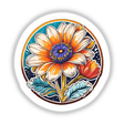 Vibrant sunflower illustration with intricate floral details and a circular design, showcasing the beautiful orange and yellow petals, purple center, and colorful leaves against a dark background.