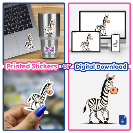 Funny Cartoon Zebra with Big Eyes stickers and digital artwork collage. Features multiple images including close-ups, a hand holding a sticker, and a laptop displaying the cartoon zebra.