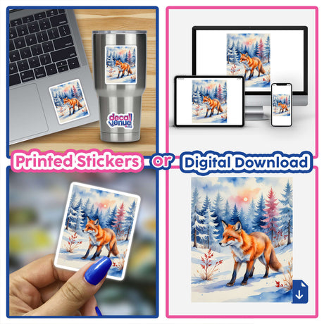 Collage featuring A Red Fox In A Winter Forest as sticker or digital artwork, showcasing a fox in snowy scenes alongside a laptop with a fox-themed sticker.