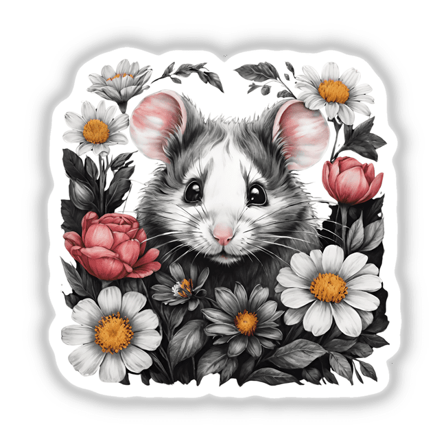 Detailed image of a mouse surrounded by colorful floral accents including pink roses, white daisies, and other foliage. The mouse has a cute, expressive face and is the focal point of the digital artwork.