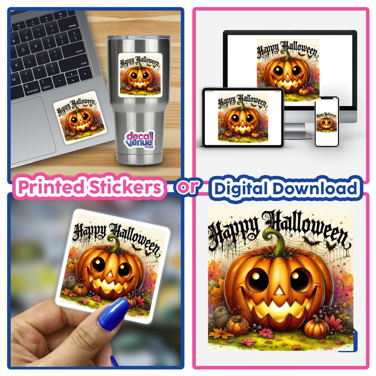 Bronze Halloween Series 7: A collection featuring stickers and digital downloads with cartoon pumpkins, including one on a laptop and a hand holding a square card with a pumpkin face and text.