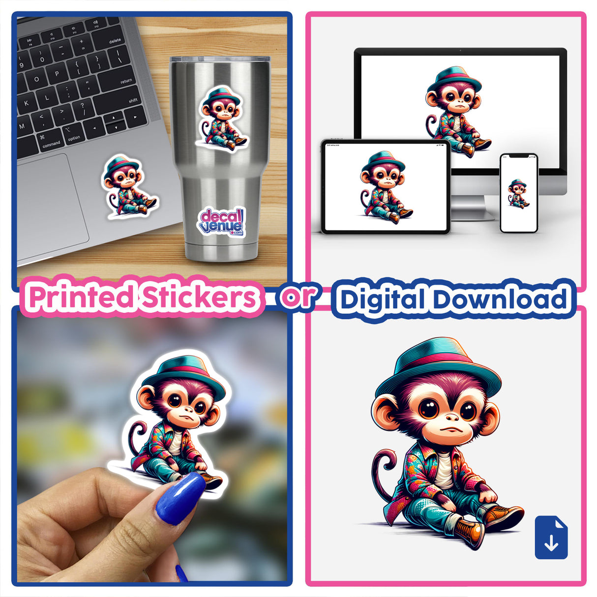 Collage featuring the Fashionable Monkey design in various forms, including stickers on a cup, a laptop, and as digital artwork.