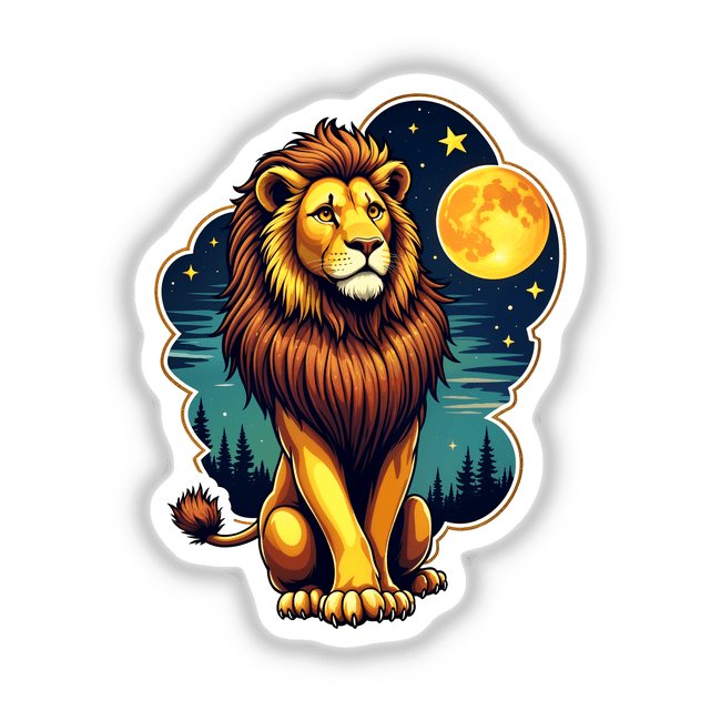 Cool Lion With A Starry Night: A cartoon lion sits in front of a moon, surrounded by stars. Available as stickers or digital artwork from Decal Venue.