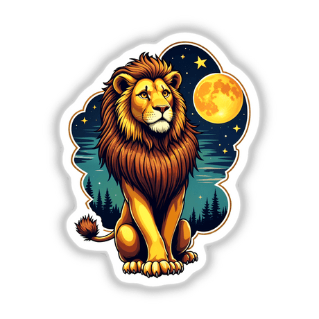 Cool Lion With A Starry Night: A cartoon lion sits in front of a moon, surrounded by stars. Available as stickers or digital artwork from Decal Venue.