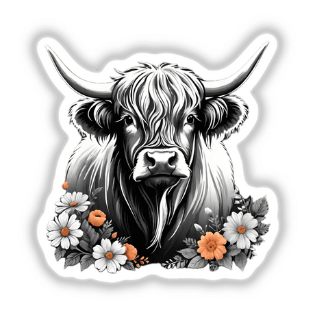 Highland Cow Floral Accents PA03: A black and white illustration of a cow adorned with flowers, available as stickers or digital artwork.