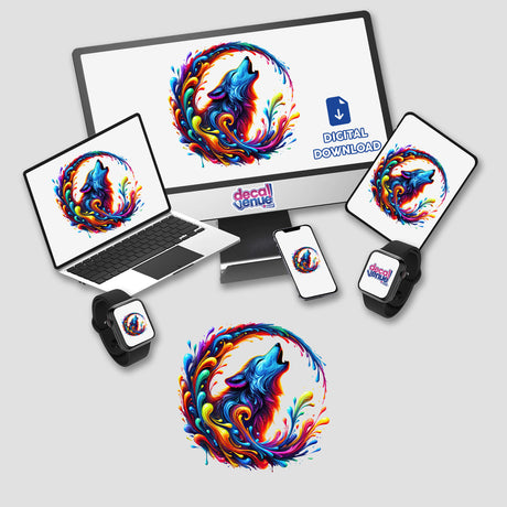 Psychedelic Howling Wolf - Vibrant Colorful Drip Moon displayed on a computer monitor and laptop, available as unique stickers or digital artwork from Decal Venue.