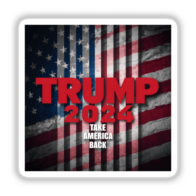 Striking red and white "Trump 2024 Take America Back" text overlaid on an American flag background, prominently displayed digital artwork.