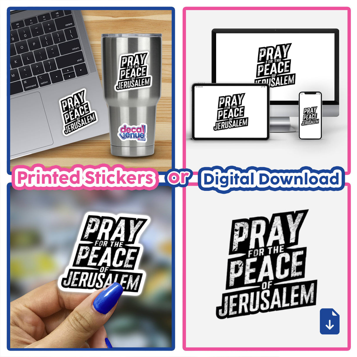 Collage featuring Pray for the Peace of Jerusalem - Psalm 122:6 Bible Clipart on laptop stickers and digital artwork, with close-ups of laptops, stickers, and a person holding a sticker.