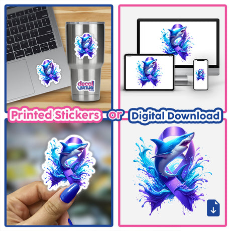 Shark Purple Ribbon sticker featuring a shark entwined with a blue and purple ribbon, available as a vinyl sticker or digital artwork from Decal Venue.