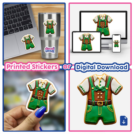 Lederhosen Shaped Cookie with Green and Brown Icing for Oktoberfest, shown as stickers and digital art, alongside a close-up of a hand painting a blue nail and various gingerbread cookies.