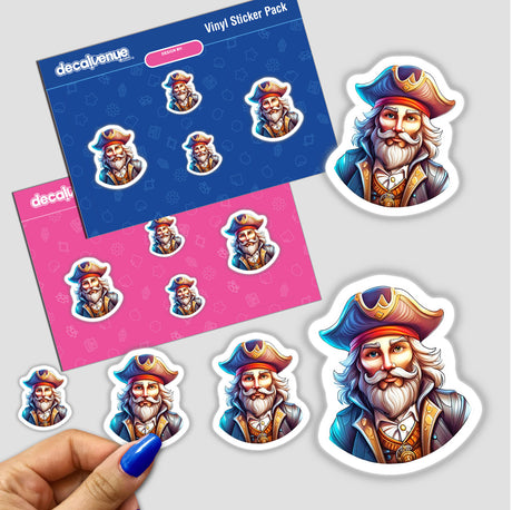 Vibrant digital illustrations of a pirate with a long beard, wearing a hat and eye patch, featured on a collection of stickers and vinyl decals.