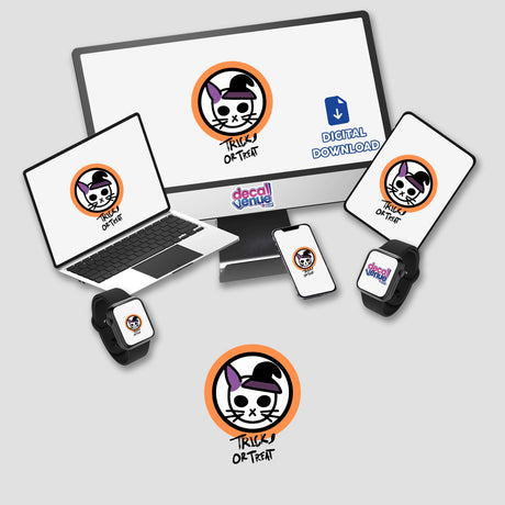 Halloween Cat Bunny Icon displayed on computer monitor, laptop, cellphone, and smartwatch screens. Available as Stickers or Digital Artwork.