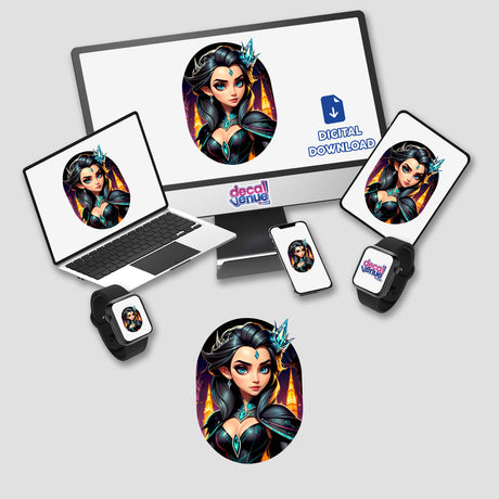 An anime-style evil queen character displayed on a computer monitor and laptop, available as stickers or digital artwork at Decal Venue.