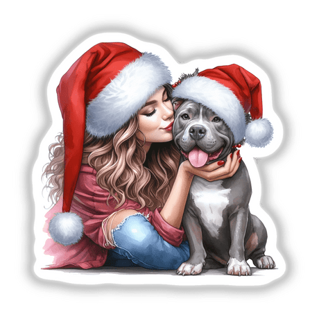 Santa Christmas Lady Loves Her Pitbull: A woman in a Santa hat embraces her pitbull, both sharing a festive moment. Available as unique stickers or digital artwork from Decal Venue.