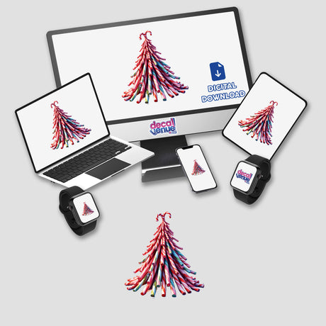 Christmas Candy Cane Pile: A digital artwork featuring a candy cane arrangement shaped like a tree, displayed on a computer screen and laptop, available as stickers or digital art from Decal Venue.