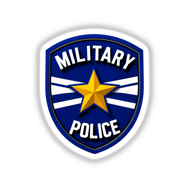 Military Police Shield Logo, featuring a blue and white emblem with a star, available as stickers or digital artwork. Ideal for collectors and enthusiasts seeking unique designs from Decal Venue.