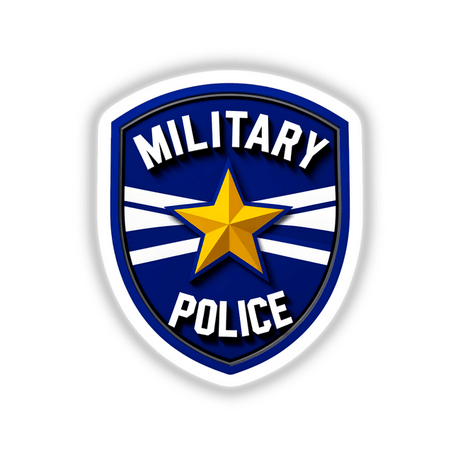 Military Police Shield Logo, featuring a blue and white emblem with a star, available as stickers or digital artwork. Ideal for collectors and enthusiasts seeking unique designs from Decal Venue.