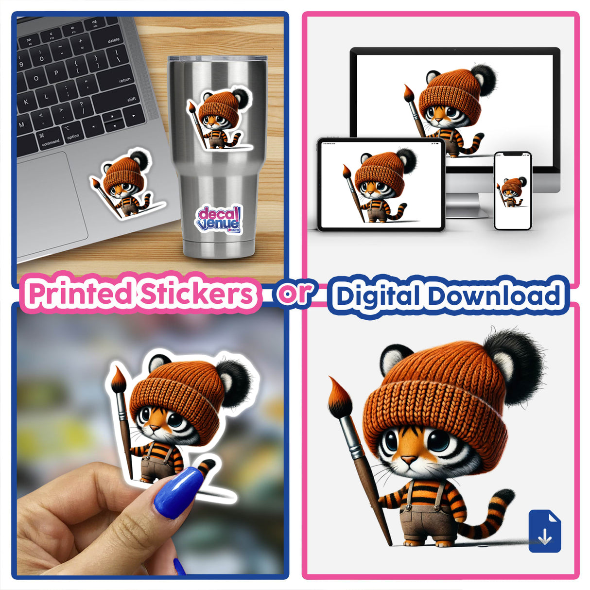 Sticker collage featuring Tiger Gnome with Paintbrush: cartoon tiger in various poses, holding a paintbrush, some close-ups, and a sticker on a computer keyboard.