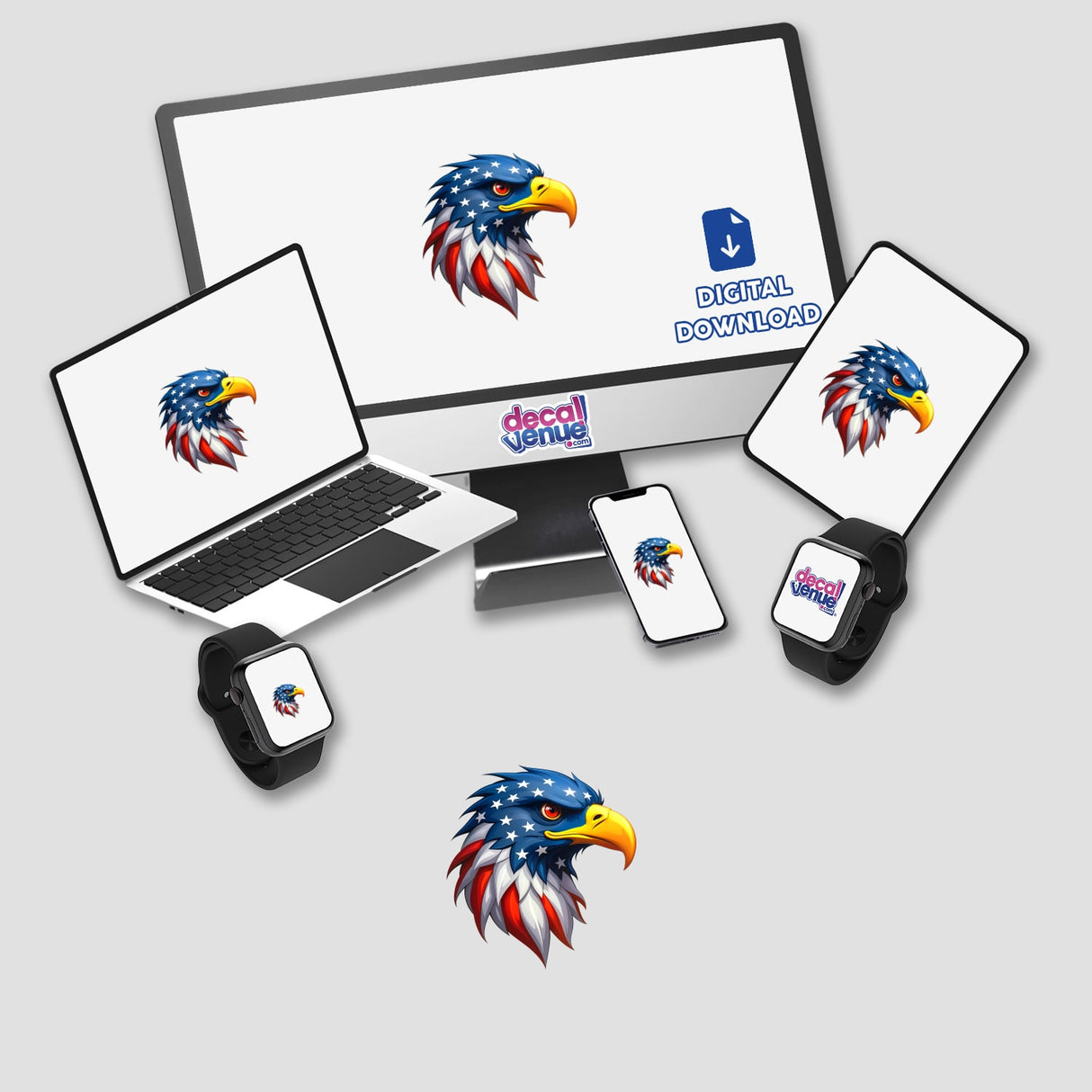 A Cool American Flag Eagle depicted on a computer monitor and laptop screen, showcasing a cartoon eagle head with stars and stripes, available as stickers or digital artwork.