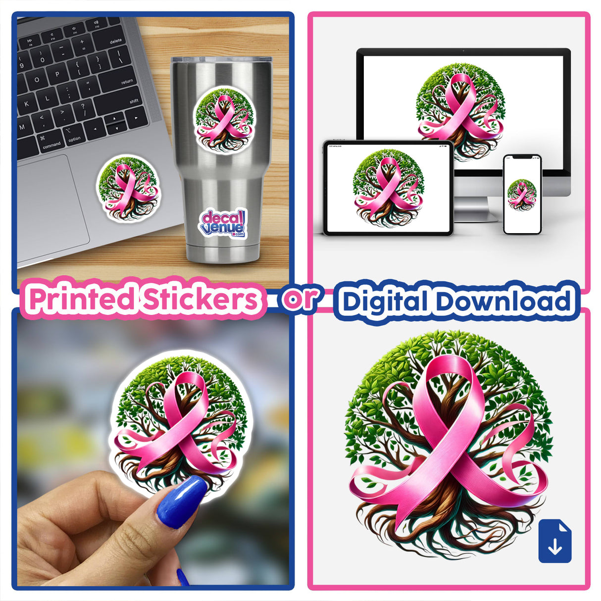 Breast Cancer Ribbon Intertwined with Tree Branches: A collage showcasing a pink ribbon on various items like laptops, cups, and trees, available as stickers or digital artwork.