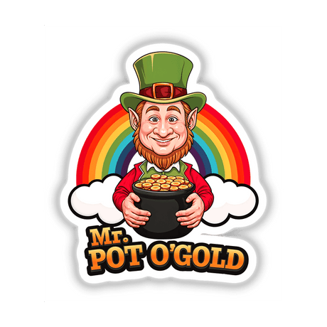 Mr. Pot O'Gold St. Patrick's Day features a cartoon leprechaun holding a pot of gold, available as unique stickers or digital artwork from Decal Venue.