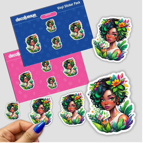 Hand holding Afro Green Plant Portrait Sticker Design: Vibrant Botanical Art, featuring a colorful cartoon woman with flowers in her hair, available at Decal Venue.