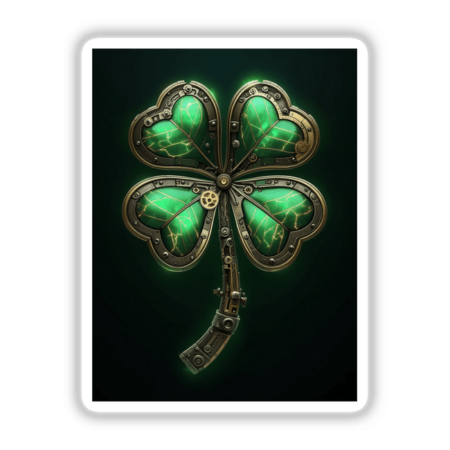 Steampunk Four-Leaf Clover with Metallic Gears, featuring intricate green and gold detailing, available as unique stickers or digital artwork.