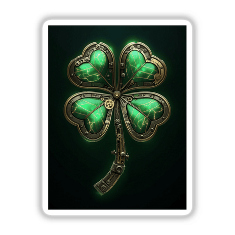 Steampunk Four-Leaf Clover with Metallic Gears, featuring intricate green and gold detailing, available as unique stickers or digital artwork.