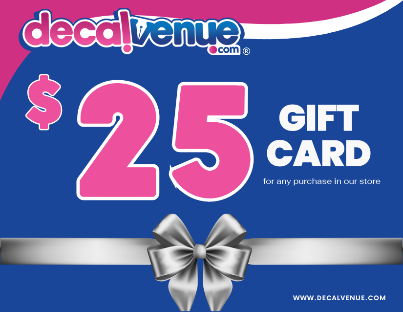 Digital Gift Card featuring pink numerals and a silver bow, perfect for purchasing stickers, digital downloads, or wall decals from Decal Venue.