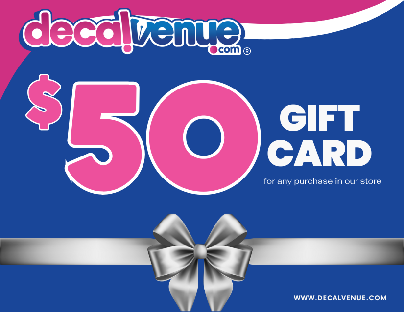 Digital Gift Card featuring a silver bow and pink numbers on a blue background, perfect for redeeming stickers, digital downloads, or wall decals at Decal Venue.