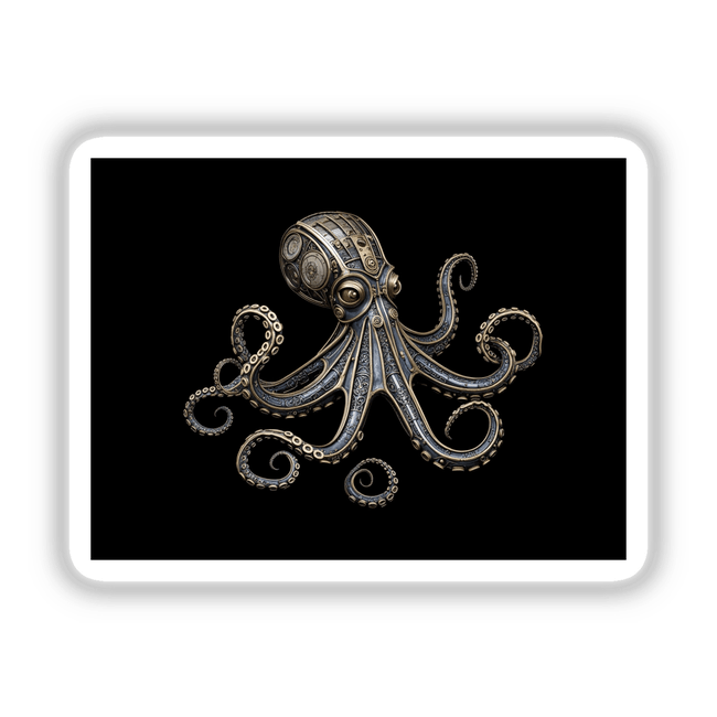 Intricate Steampunk Octopus sculpture with brass and silver detailing, showcasing artistic craftsmanship. Available as stickers or digital artwork, perfect for fans of unique vinyl designs from Decal Venue.