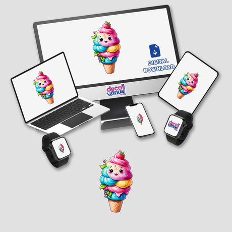 Happy ice cream cone cartoon displayed on a computer monitor, laptop, phone, and smartwatch screens, available as stickers or digital artwork from Decal Venue.