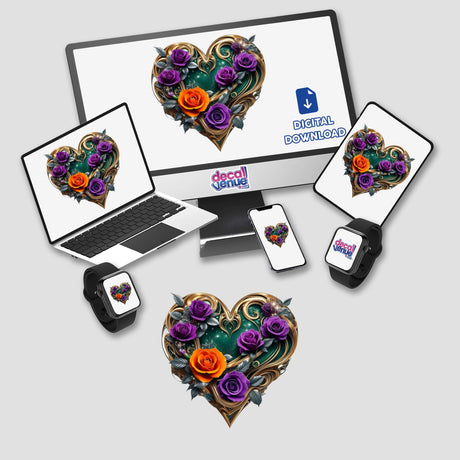 Golden Emerald Heart with Purple and Orange Roses displayed on a computer monitor and laptop, showcasing intricate floral designs. Available as stickers or digital artwork from Decal Venue.