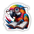 Parrot With Reading Glasses Open Book3 features a vibrant parrot engrossed in a book, embodying whimsical charm. Available as stickers or digital artwork, perfect for adding unique flair to any space.