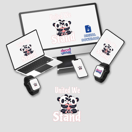 Cute bears digital artwork featuring two pandas hugging on a laptop screen, available as vinyl stickers or digital downloads from Decal Venue.