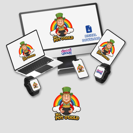 Mr. Pot O'Gold St. Patrick's Day design featuring a cartoon leprechaun with a pot of gold, displayed on a computer monitor and laptop, available as stickers or digital artwork.