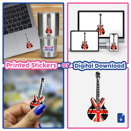 Union Jack Electric Guitar collage featuring stickers on various surfaces, including a laptop keyboard and a cup, highlighting the versatility of these unique decals from Decal Venue.