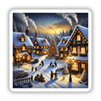 Winter Wonderland - A Snowy Village with Twinkling Lights: digital artwork featuring a snowy village scene with people, a snowman, and festive lights, perfect for home decor.