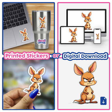 Grumpy Cartoon Kangaroo with Big Ears and Folded Arms, available as stickers or digital artwork, featuring an animated kangaroo with an angry expression.