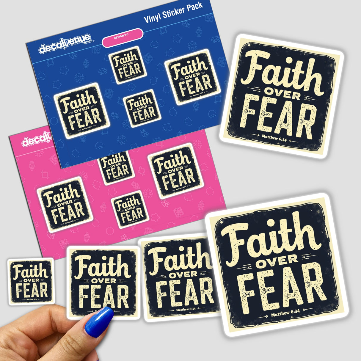 Hand holding a Faith Over Fear – Inspired by Matthew 6:34 sticker pack, featuring uplifting Christian affirmation designs. Available as stickers or digital artwork with commercial rights.