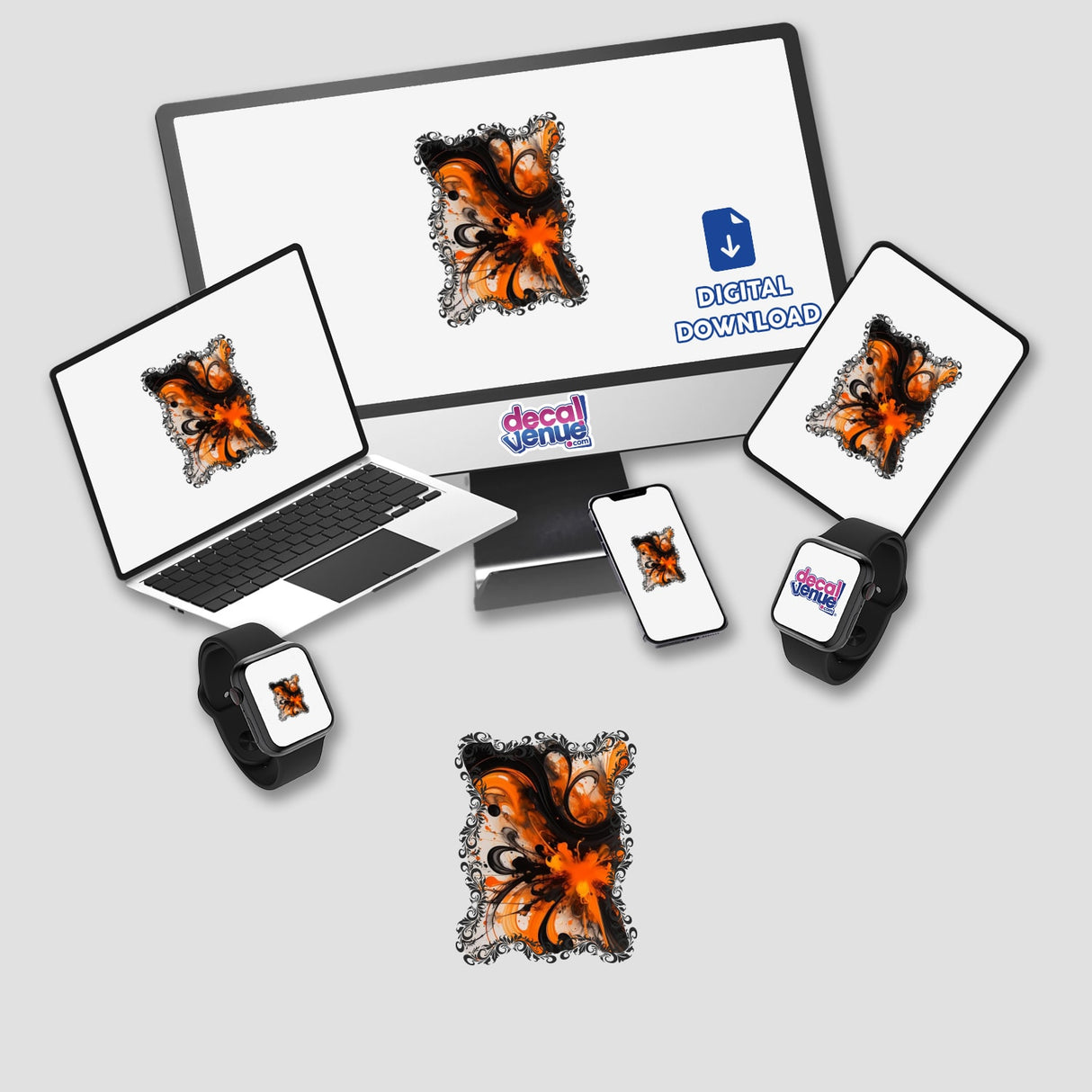 Black and Orange Lyrical Abstract with Black Gothic Frame displayed on a computer monitor and laptop, showcasing intricate butterfly design artwork. Available as stickers or digital artwork.