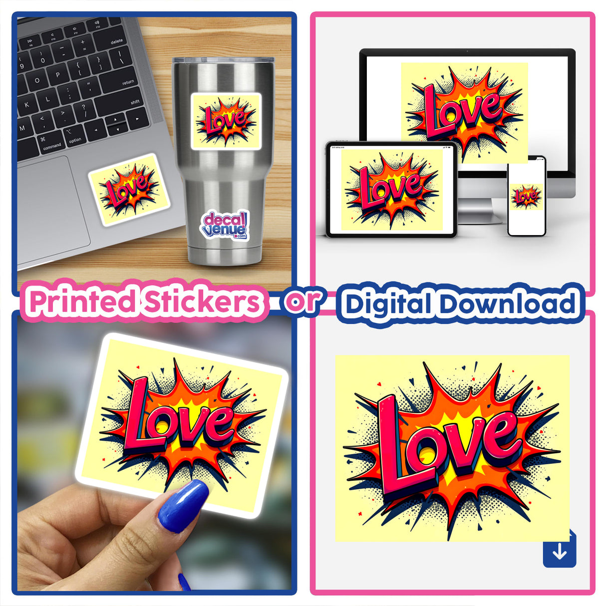 Collage featuring Love Valentine's Day stickers and digital downloads, highlighting a vibrant comic style word, a laptop adorned with a sticker, and a hand holding a card, from Decal Venue.