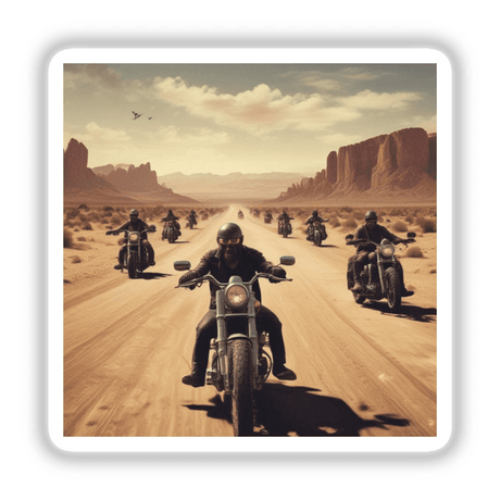 Live Free: A dynamic group of people riding motorcycles on a dirt road, available as vibrant stickers or digital artwork from Decal Venue.