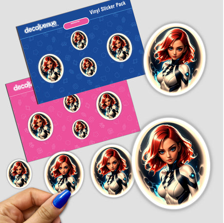 Sticker pack featuring A Cute Anime Superhero Girl with multiple cartoon depictions of a woman in a white suit, available as vinyl stickers or digital artwork.