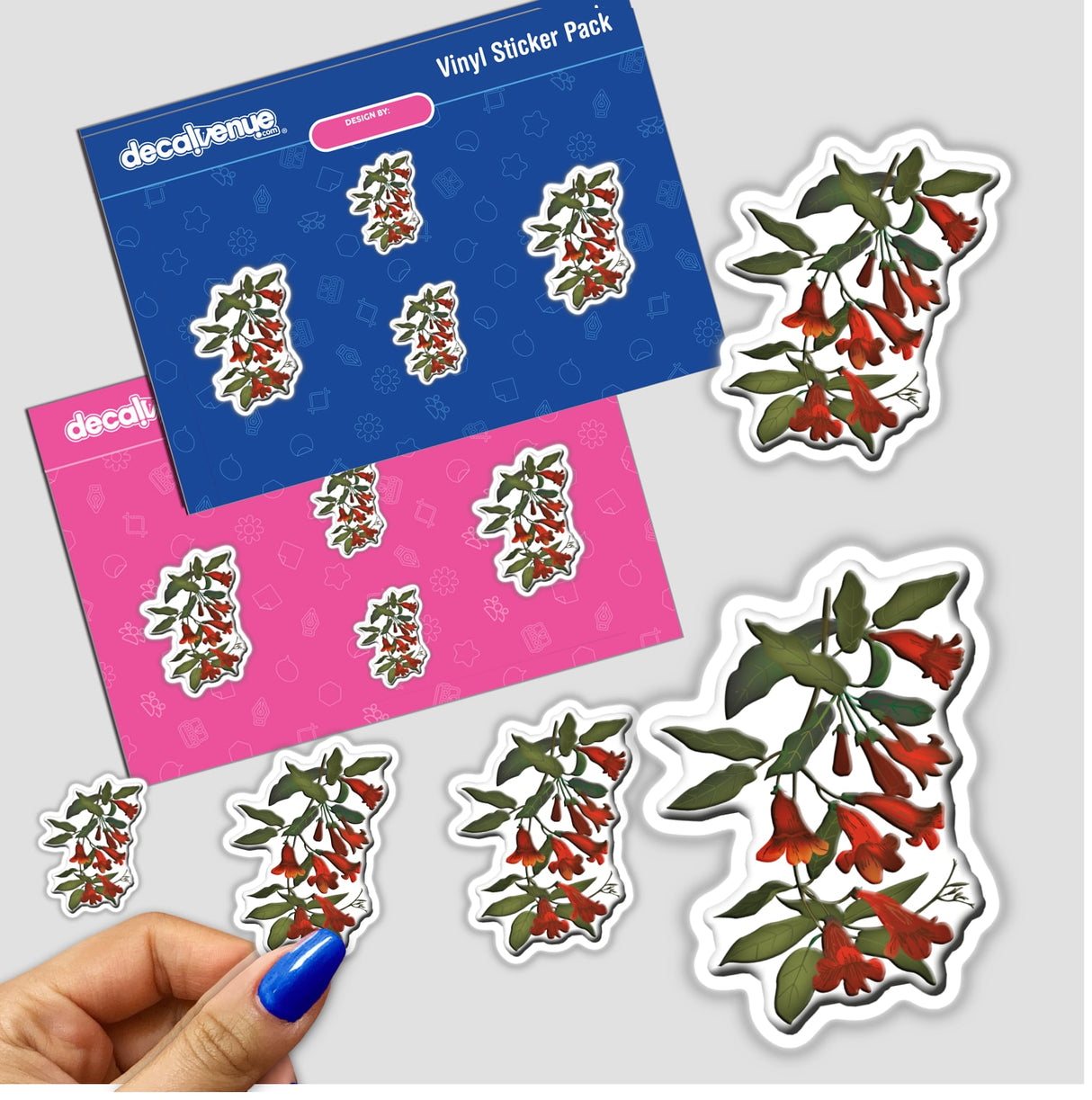 American Wild Flowers sticker pack held in a hand, featuring various floral designs. Available as stickers or digital artwork, showcasing unique botanical illustrations from Decal Venue.