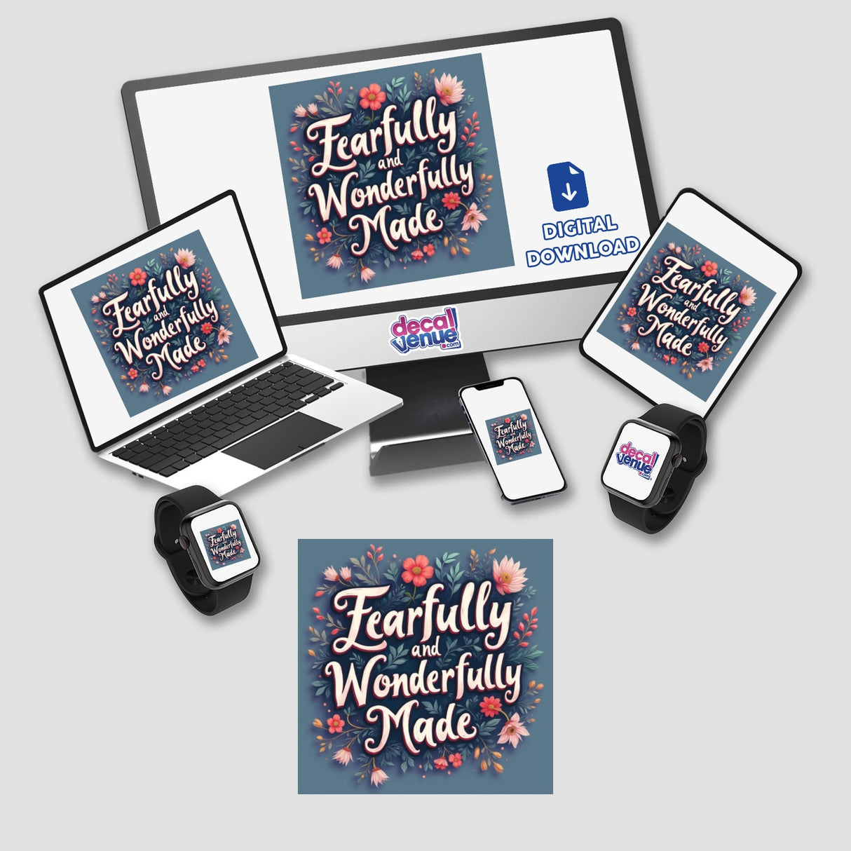 Fearfully and Wonderfully Made - Psalm 139:14 Christian Sticker featuring a vibrant floral design and Bible verse clipart, displayed on a laptop and phone screen, available with commercial rights.