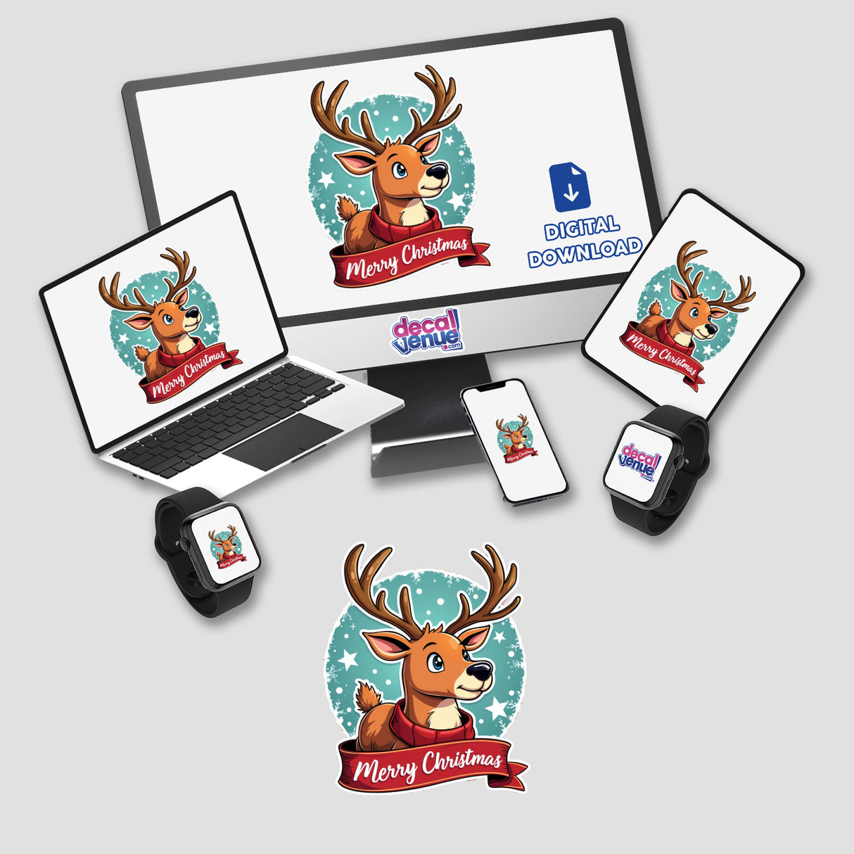 Merry Christmas Reindeer Festive Holiday stickers or digital artwork featuring a cartoon deer with a red scarf displayed on a computer monitor, laptop, and smartwatch.