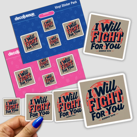 A hand holds the I Will Fight For You - Inspirational Christian Sticker & Clipart | Bible Verse Sticker (Exodus 14:14), showcasing its intricate design, ideal for spiritual encouragement.