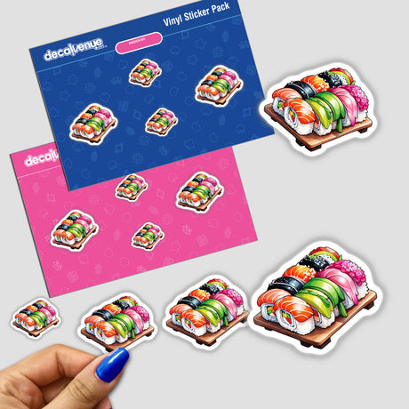 Sushi Feast: Plate of Sushi sticker pack featuring cartoon sushi on a table.